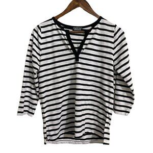 Papermoon Stitch Fix Womens Black White Striped Split Neck 3/4 Blouse Medium